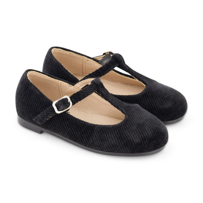 Zeebra Kids Corded Velvet T-Strap Shoes - Black