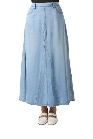 Memoi Ladies Denim Maxi Panel Skirt -Light Wash CSK08979
