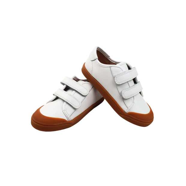 Perroquet Double Velcro Strap Leather Sneakers with Toe Cap - White