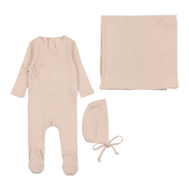 Lilette petal pink fine pointelle layette set from our Fine Pointelle.