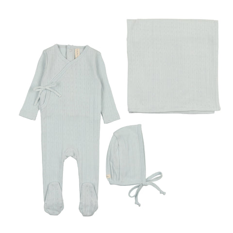 Lilette sky blue fine pointelle layette set from our Fine Pointelle.