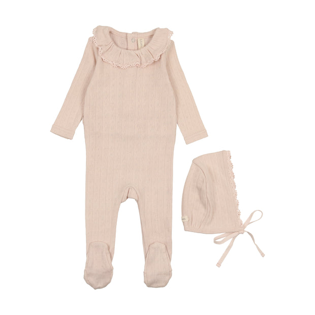 Lilette petal pink fine pointelle ruffle collar footie set from our Fine Pointelle.