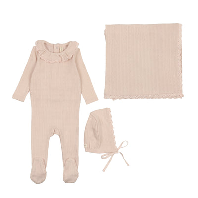 Lilette petal pink fine pointelle ruffle layette set from our Fine Pointelle.