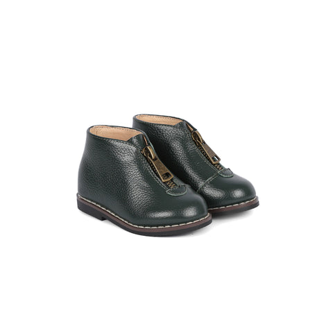 Perroquet Shoes Front Zipper Booties - Green Pebbled Leather