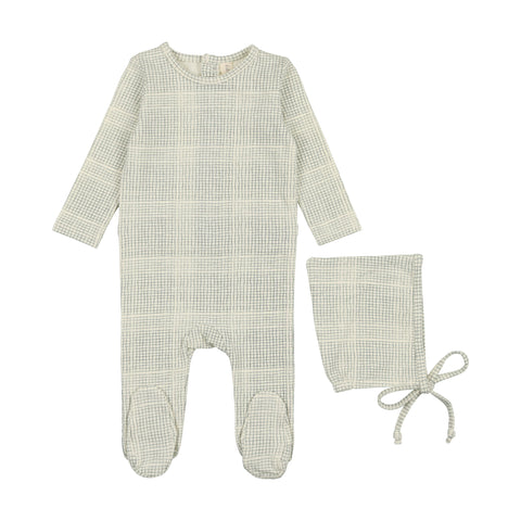 Lilette Grid Footie Set - Cream/Blue