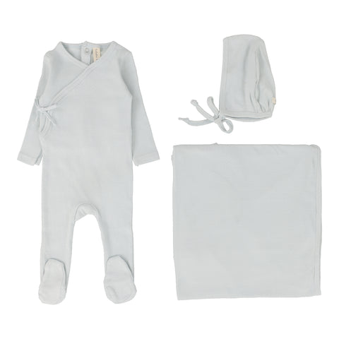 Lilette sky blue pinpoint wrapover layette set from our Pinpoint Wrapover.