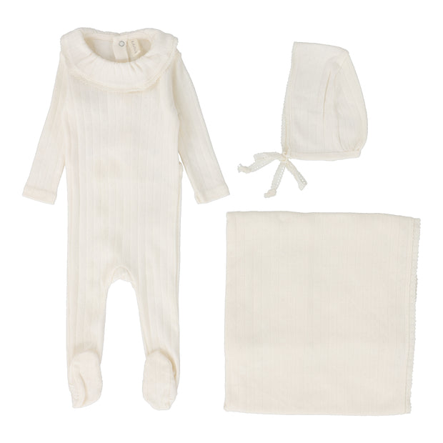 Lilette milk fine pointelle ruffle layette set from our Fine Pointelle.