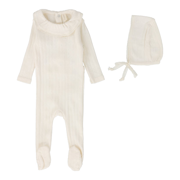Lilette milk fine pointelle ruffle collar footie set from our Fine Pointelle.