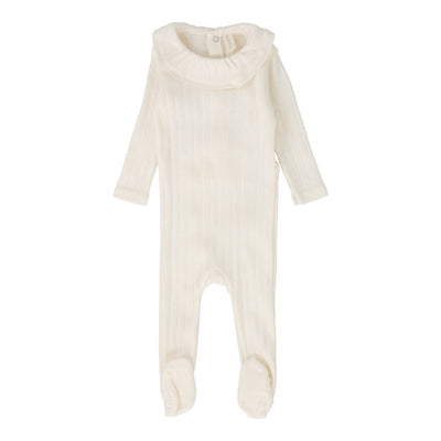 Lilette milk fine pointelle ruffle collar footie from our Fine Pointelle.