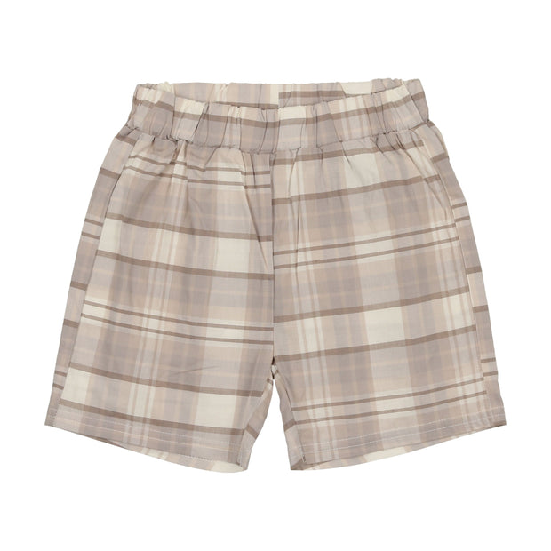 Analogie Linen Pull On Shorts - Taupe Plaid