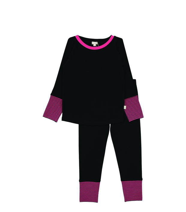 Lil Legs Striped Cuff Lounge Set - Black/Hot Pink