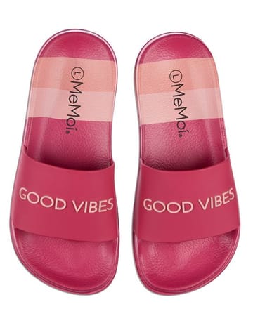 Memoi Waterproof "Good Vibes" Open-Toe Slides - Pink MKS-0017