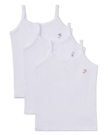 Memoi Girls Ribbed Cami Undershirts White Cotton with Flower - 3-Pack MKU-1024