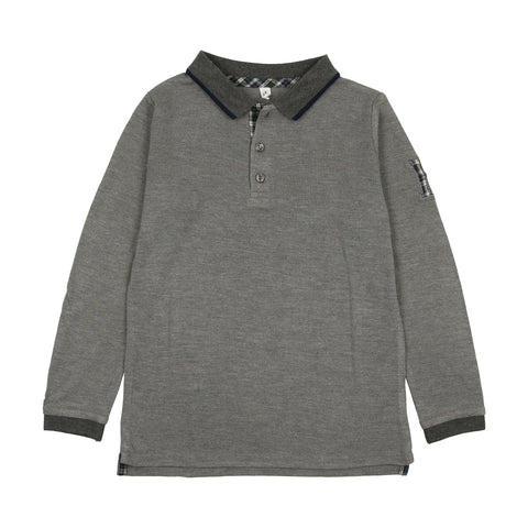 Lil Legs Plaid Detail Long Sleeve Polo - Light Gray