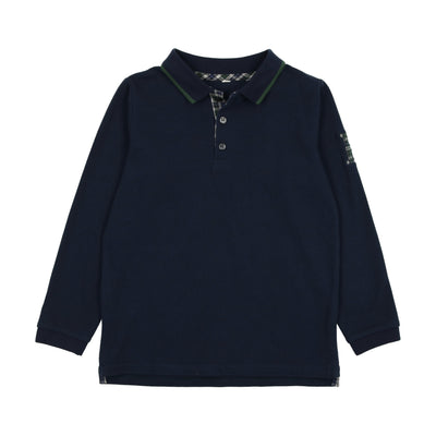 Lil Legs Plaid Detail Long Sleeve Polo - Navy