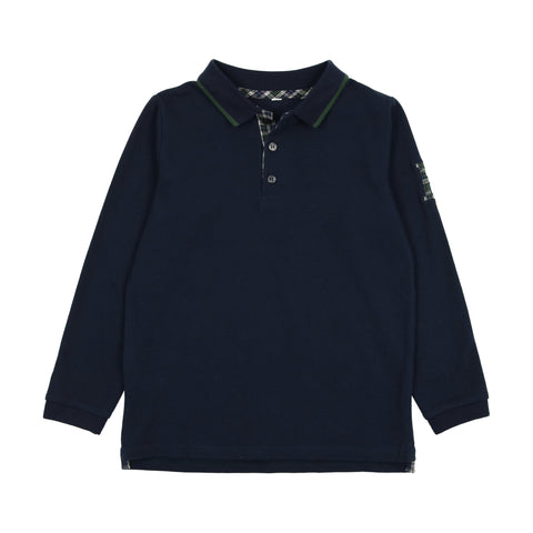 Lil Legs Plaid Detail Long Sleeve Polo - Navy