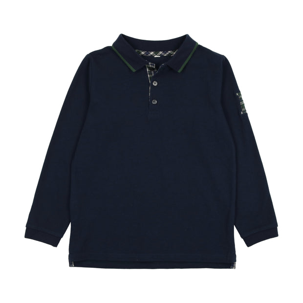 Lil Legs Plaid Detail Long Sleeve Polo - Navy