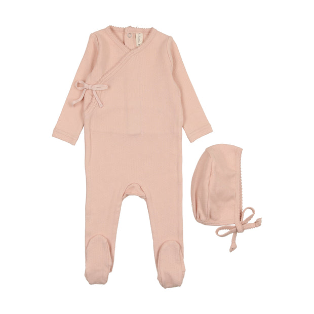 Lilette peach pinpoint wrapover footie set from our Pinpoint Wrapover.