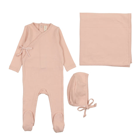 Lilette peach pinpoint wrapover layette set from our Pinpoint Wrapover.