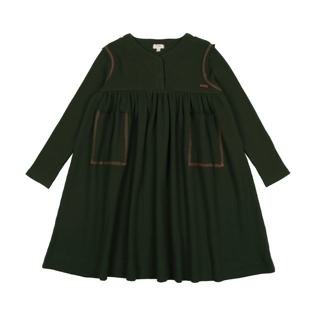 Lil Legs Ribbed Placket Long Sleeve Dress - Green/Camel Head Shoulders Toes & Bows Lil Legs Ribbed Placket Long Sleeve Dress - Green/Camel Head Shoulders Toes & Bows
