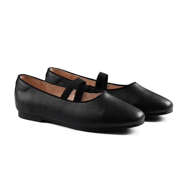 RayBelle Day Flats with Elastic Strap - Black Pebbled Leather