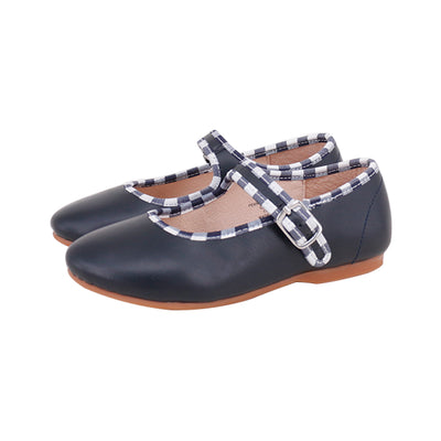 Perroquet Leather Mary Janes with Gingham Trim - Navy