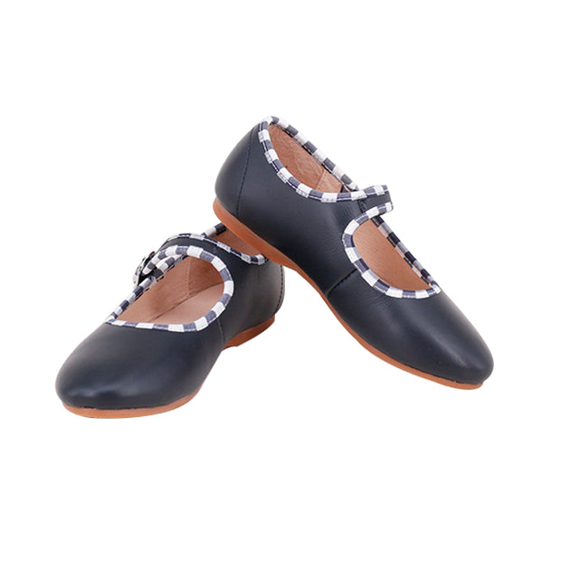 Perroquet Leather Mary Janes with Gingham Trim - Navy