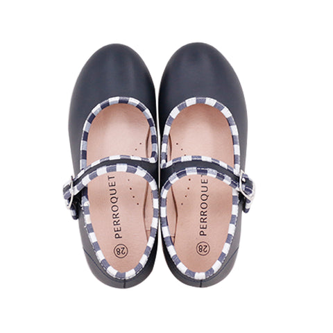 Perroquet Leather Mary Janes with Gingham Trim - Navy