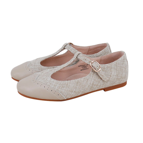 Perroquet Leather Wingtip T-Straps - Linen/Beige