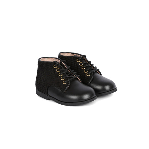 Perroquet Shoes Babies Leather and Corduroy Lace High-Tops - Black