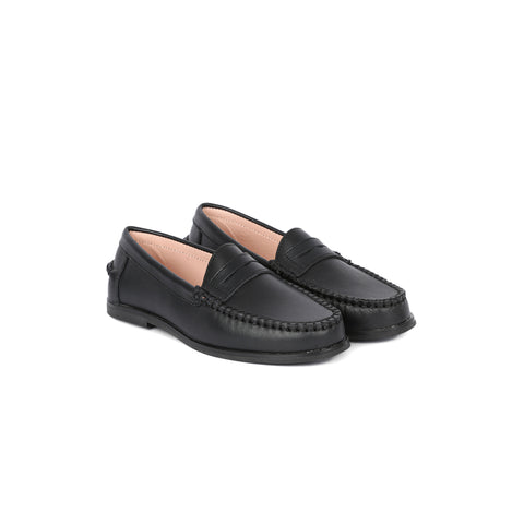 Perroquet Shoes Girls Clunky Penny Loafers - Black Leather