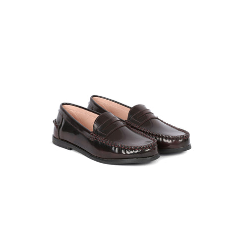 Perroquet Shoes Girls Clunky Penny Loafers - Burgundy Marbelized High-Sheen Leather