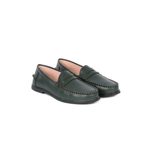 Perroquet Shoes Girls Clunky Penny Loafers - Green Leather