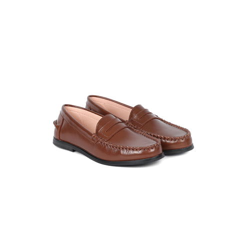 Perroquet Shoes Girls Clunky Penny Loafers - Pecan Brown High-Sheen Leather