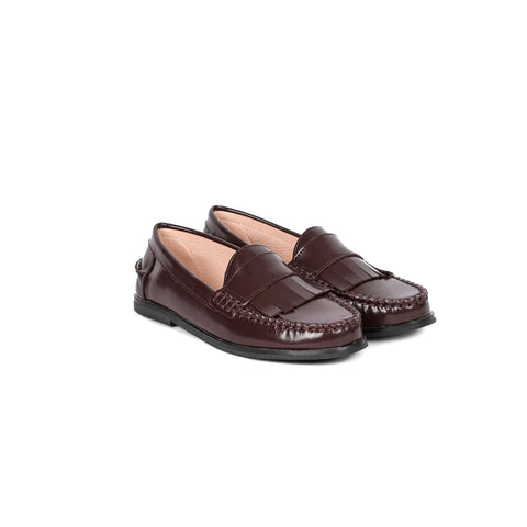 Perroquet Shoes Girls Clunky Penny Loafers with Fringe - Burgundy High-Sheen Leather