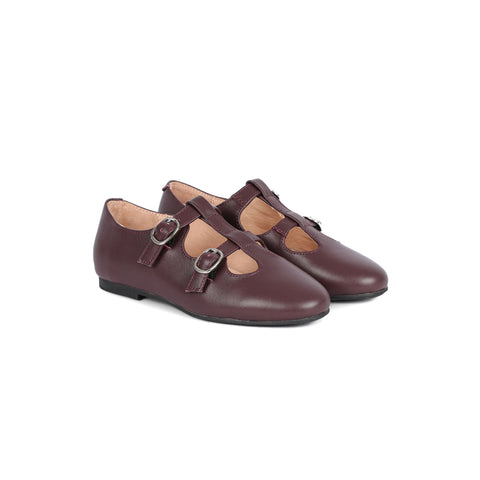Perroquet Shoes Double T-Strap Shoes - Burgundy Leather
