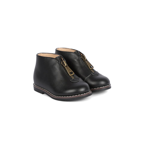 Perroquet Shoes Front Zipper Booties - Black Leather