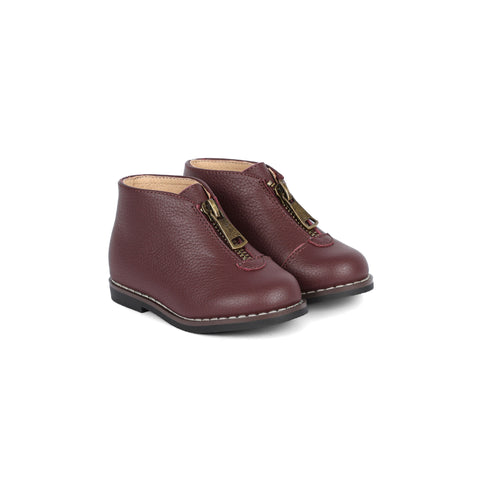 Perroquet Shoes Front Zipper Booties - Burgundy Pebbled Leather
