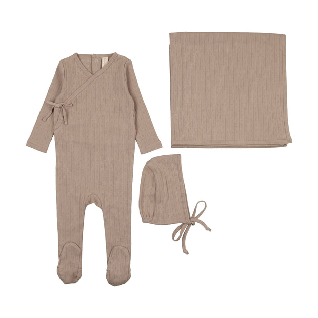 Lilette taupe fine pointelle layette set from our Fine Pointelle.