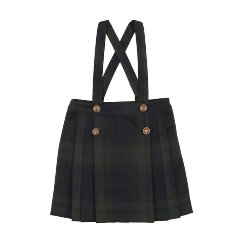 Analogie Pleated Suspender Skirt - Forest Plaid