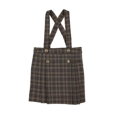 Analogie Pleated Suspender Skirt - Navy/Brown Plaid