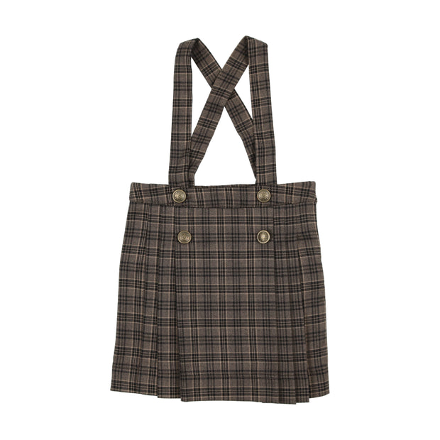 Analogie Pleated Suspender Skirt - Navy/Brown Plaid