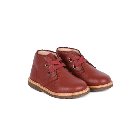 Perroquet Shoes Babies Rugged Lace Booties with Scallop - Winter Red Pebbled Leather