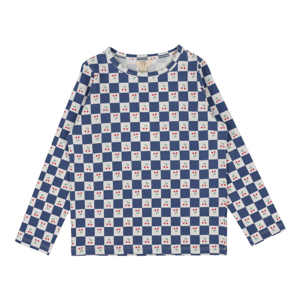 Lil Legs blue checked tulip t-shirt long sleeve from our Printed Denim Collection.