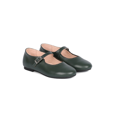 Perroquet Shoes Scalloped Buckle Shoes - Green Leather