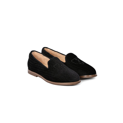 Perroquet Shoes Smoking Slipper Shoes with Embroidered Crest - Black Ribbed Velvet