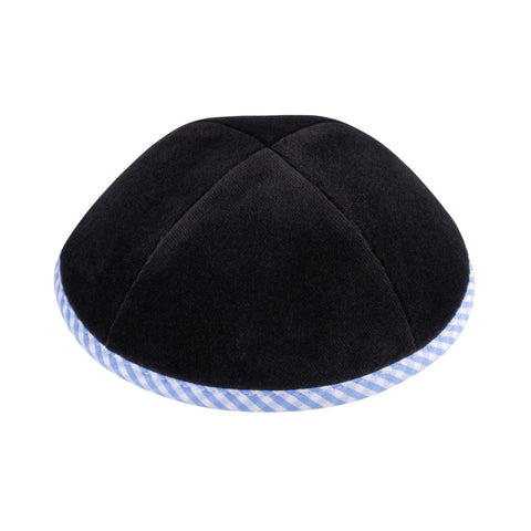 iKippah Black Velvet Yarmulka with Sky Blue Gingham Trim