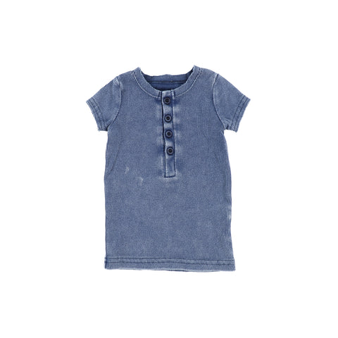 Lil Legs Short Sleeve Ribbed Center Button T-Shirt - Blue Wash