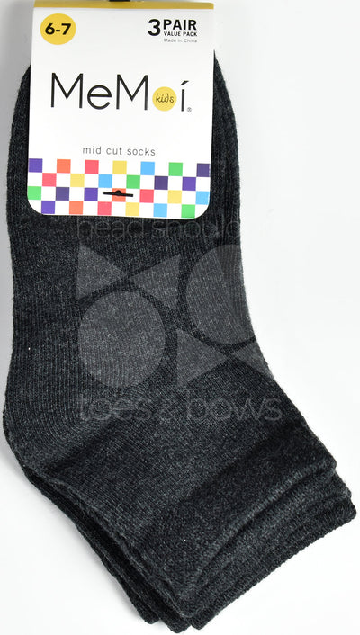 Memoi Kid's Mid Cut Socks 3-Pack - Charcoal MK-556