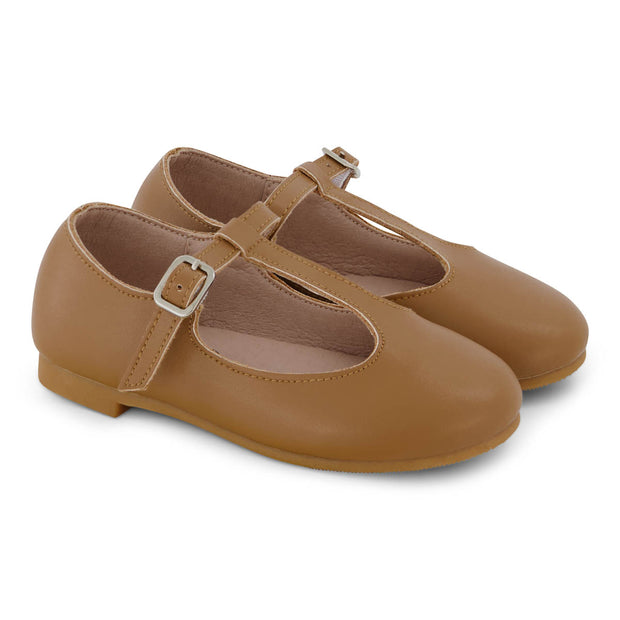 Zeebra Kids Hard Sole Classic Leather T-Strap Shoes - Nutmeg Brown